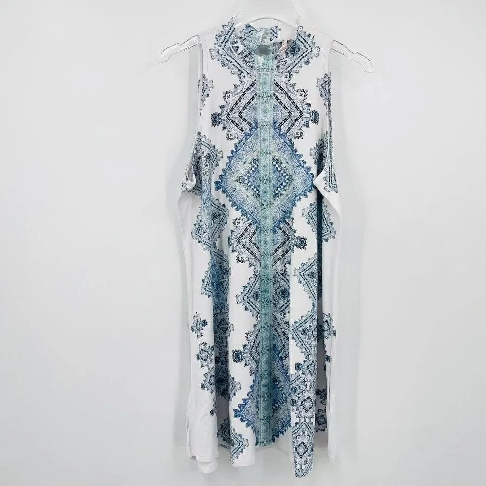 Altar'd State Size Medium Blue & White Boho Jersey Knit Mock Neck Dress